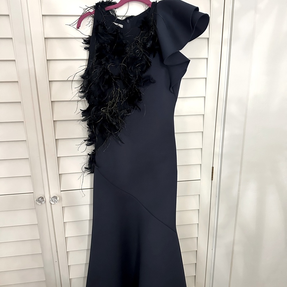 Jovani gown, dark blue with feathers. Size 8